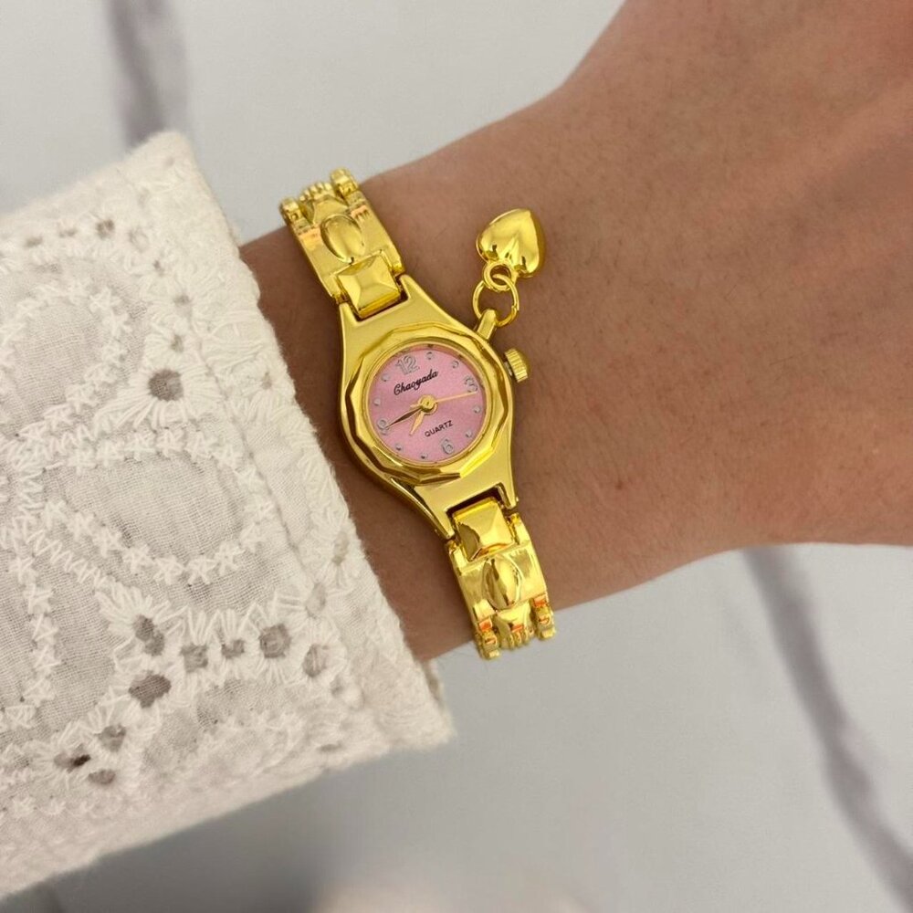SKU0036 Retro Gold Pink Heart Charm Women Casual Watch Stainless steel +gift bag